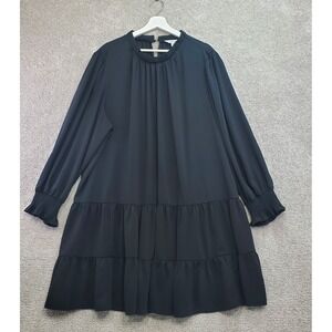 Nine West Tiered Dress Womens 3X Plus Black Pleated Smocked Cuff Keyhole Back